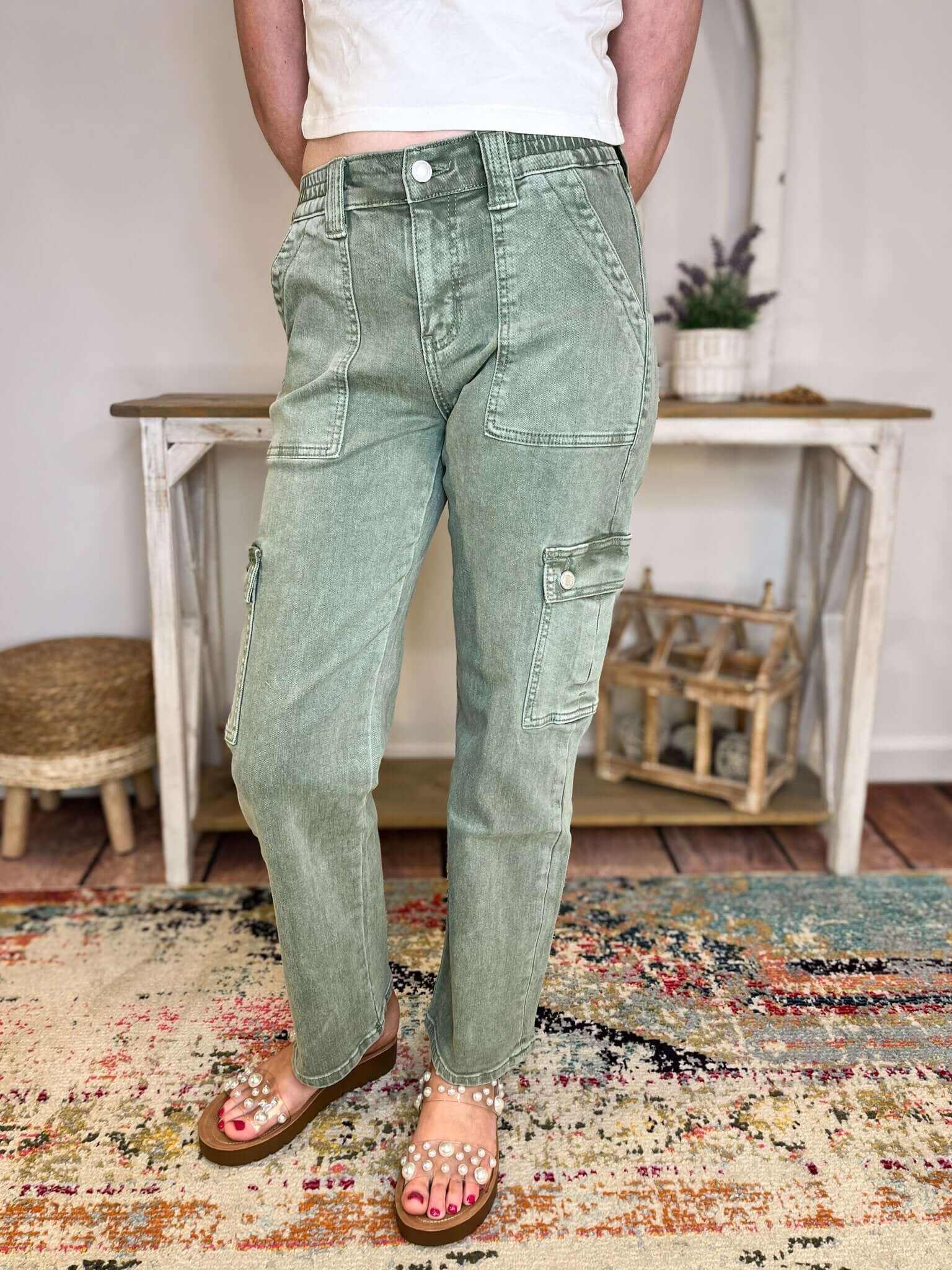 Vervet by Flying Monkey Dixie Cargo Straight Ankle Jeans - Army Green
