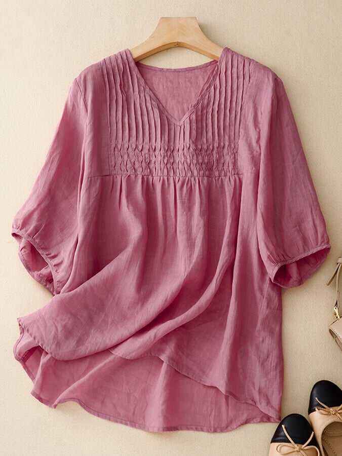 Loose Quarter Sleeved V-Neck Pleated Shirt