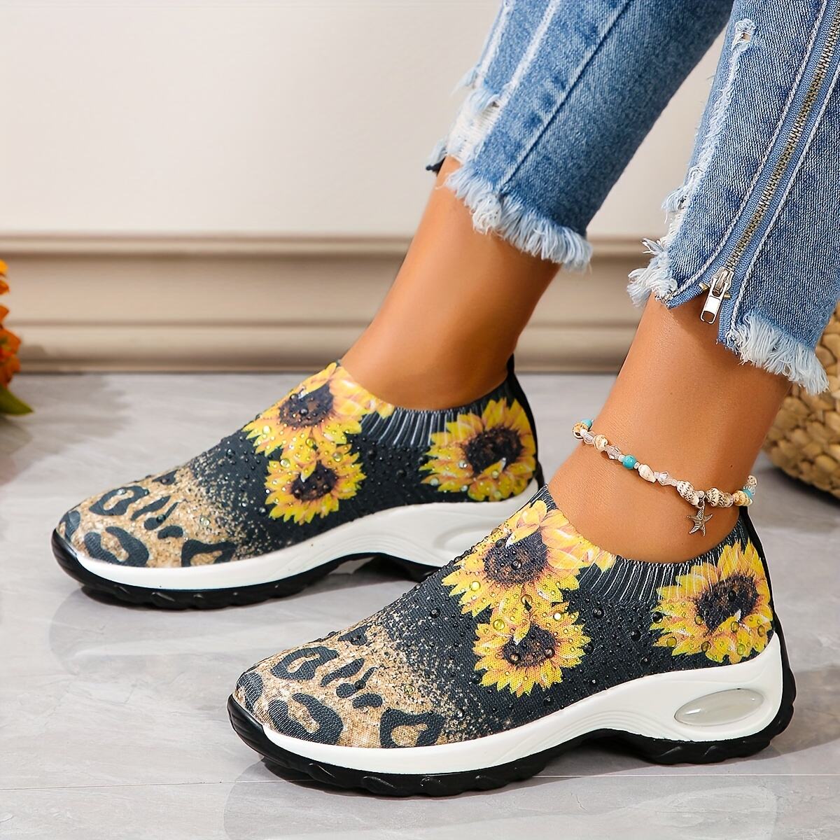 Women's Sunflower Pattern Sock Sneakers, Air Cushion Low Top Slip On Running Trainers, Casual Outdoor Walking Shoes