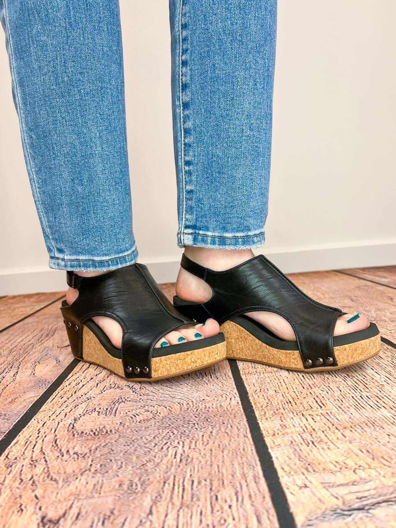 Corky's Footwear Carley Wedge Sandal - Black Smooth