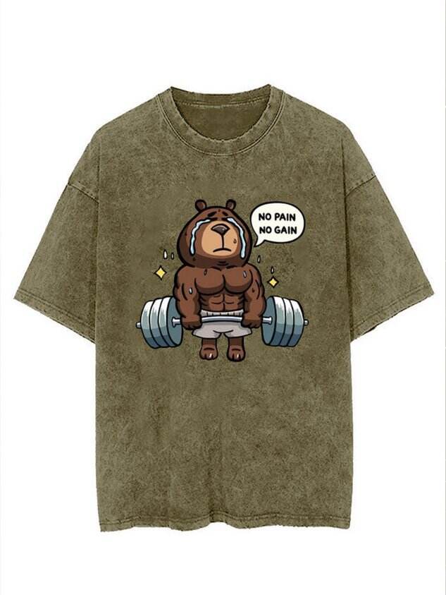 Funny Fitness Bear Print Washed T-Shirt