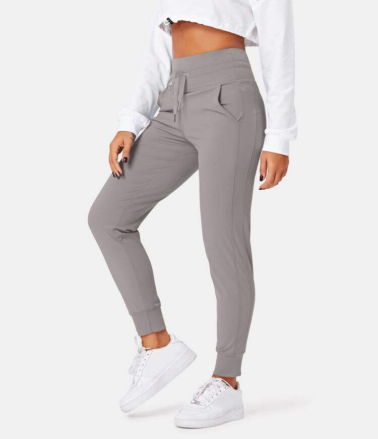 Airy High Waisted Drawstring Side Pocket Plain Cool Touch Full Length Joggers-UPF50+