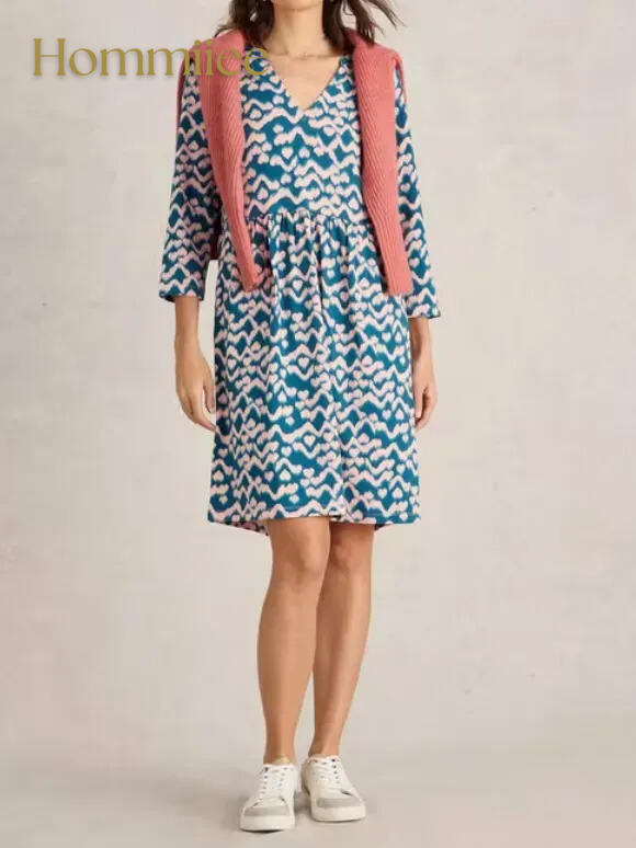 Thea Jersey Knee Length Dress In Teal Print