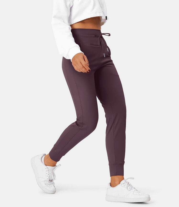 Airy High Waisted Drawstring Side Pocket Plain Cool Touch Full Length Joggers-UPF50+