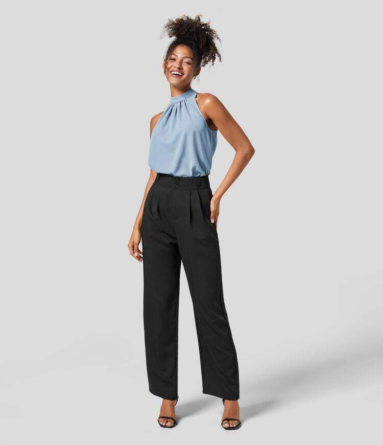 Keyhole Back Halter Plicated Sleeveless Curved Hem Work Blouse