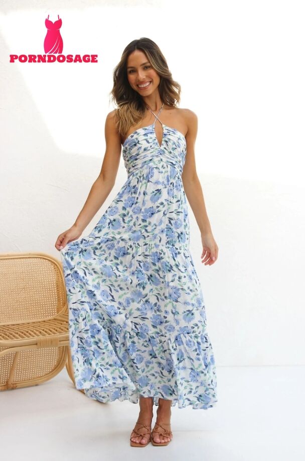 Floral V-Neck Backless Maxi Dress Blue