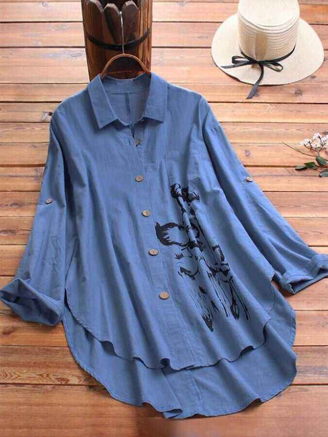 Cotton And Linen Irregular Printed Long-sleeved Lapel Shirt