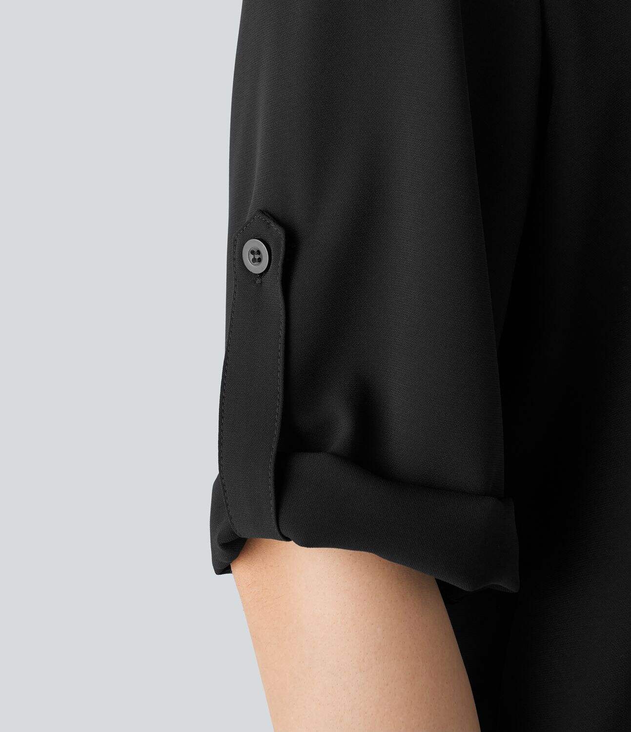 V Neck Button Three Quarter Sleeve Curved Hem Work Shirt