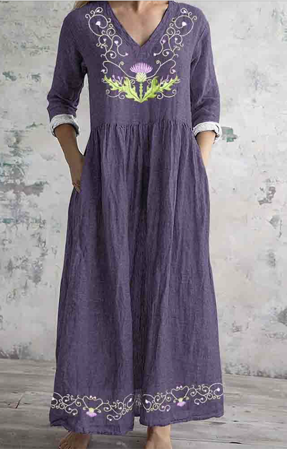 Retro style floral V-neck long sleeved dress