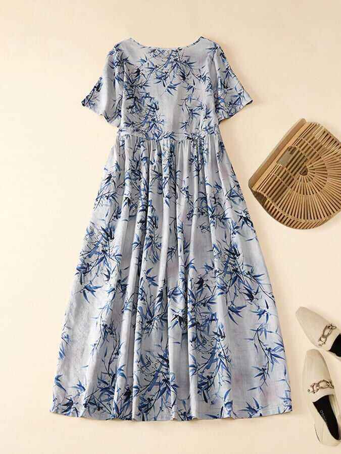 Cotton And Linen Printed Retro Loose V-Neck Short Sleeved Dress