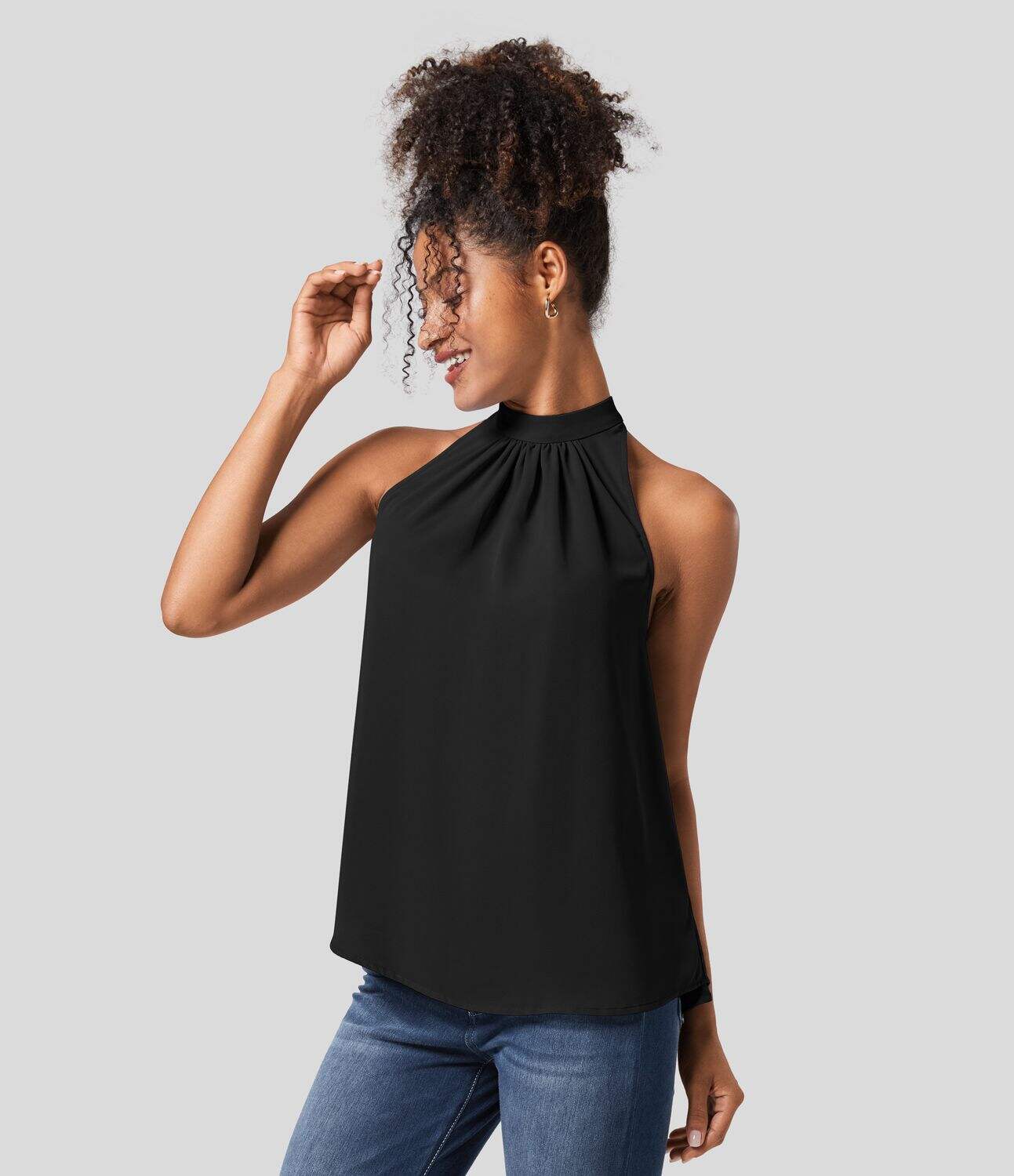 Keyhole Back Halter Plicated Sleeveless Curved Hem Work Blouse
