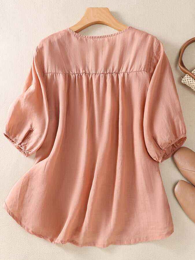 Mesh Embroidery V-Neck Loose Casual Shirt