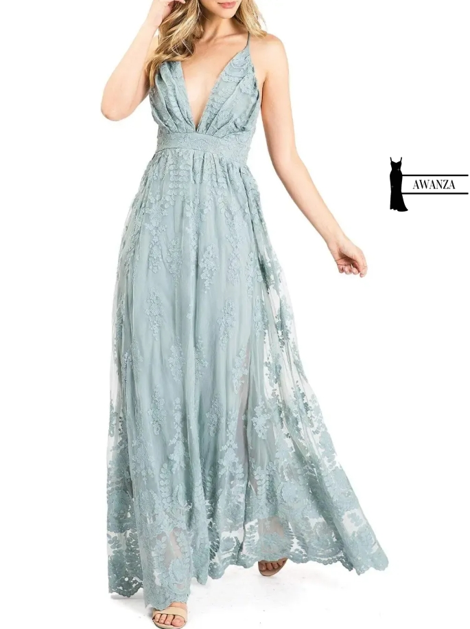 Light Blue Lace V - Neck Maxi Dress