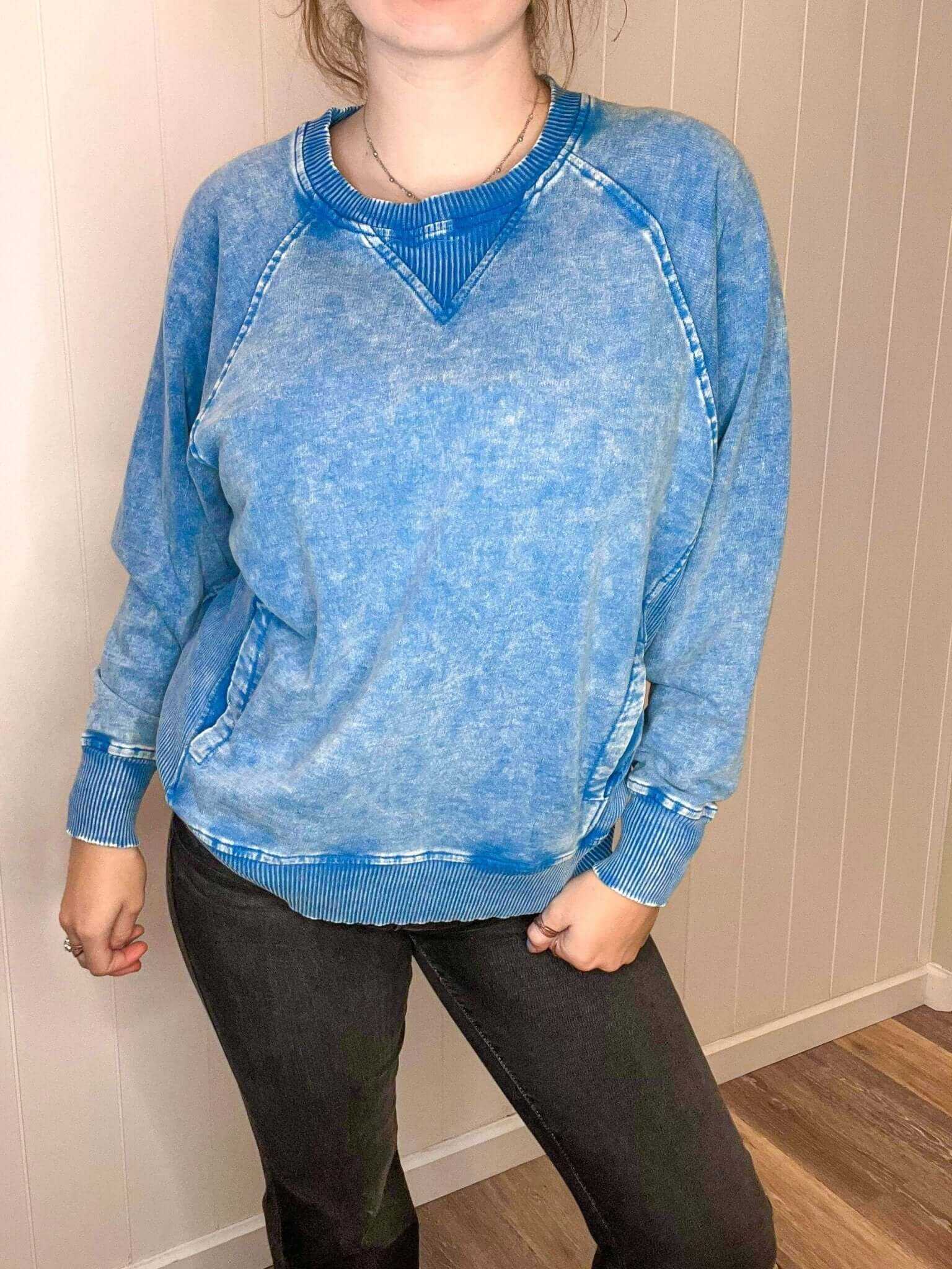 Casual Acid Washed Pullover Sweatshirt - Ocean Blue