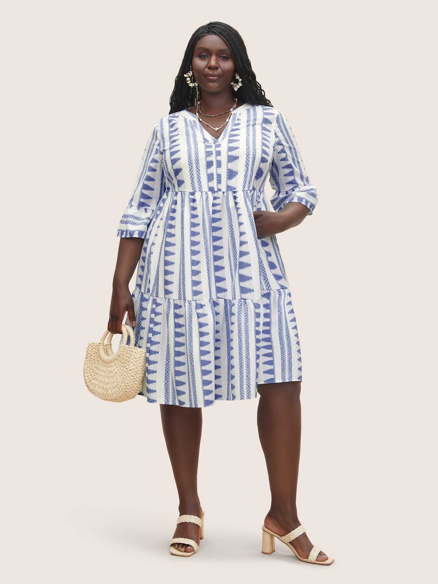 Bandana Geometric Notched Ruffle Layered Hem Dress