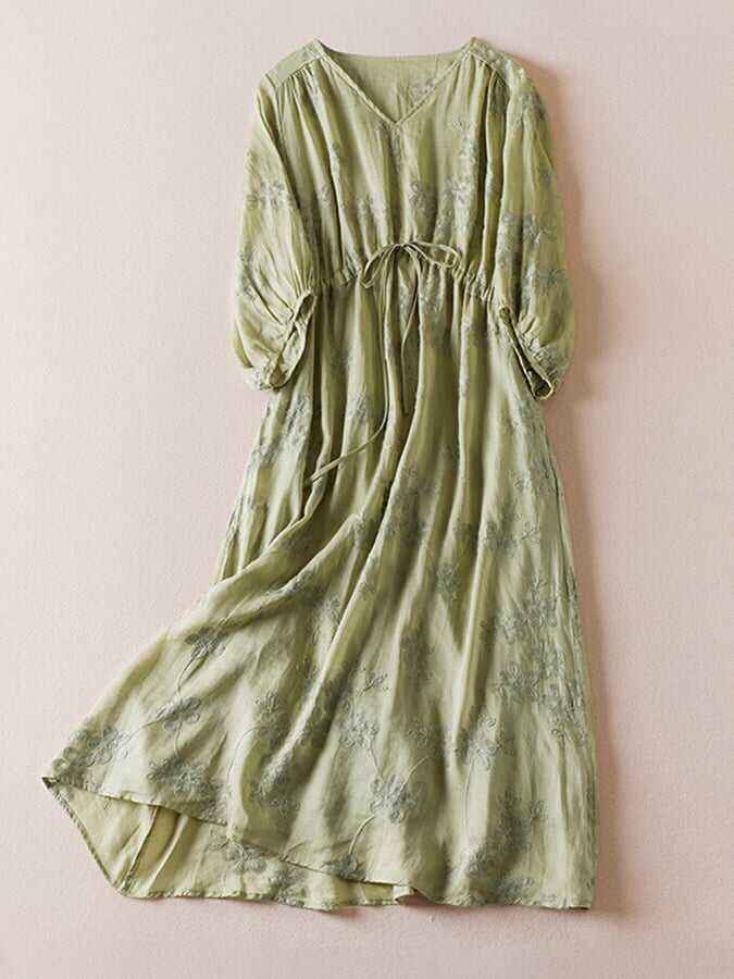 Ethnic Embroidery Tie-Waist Midi Dress