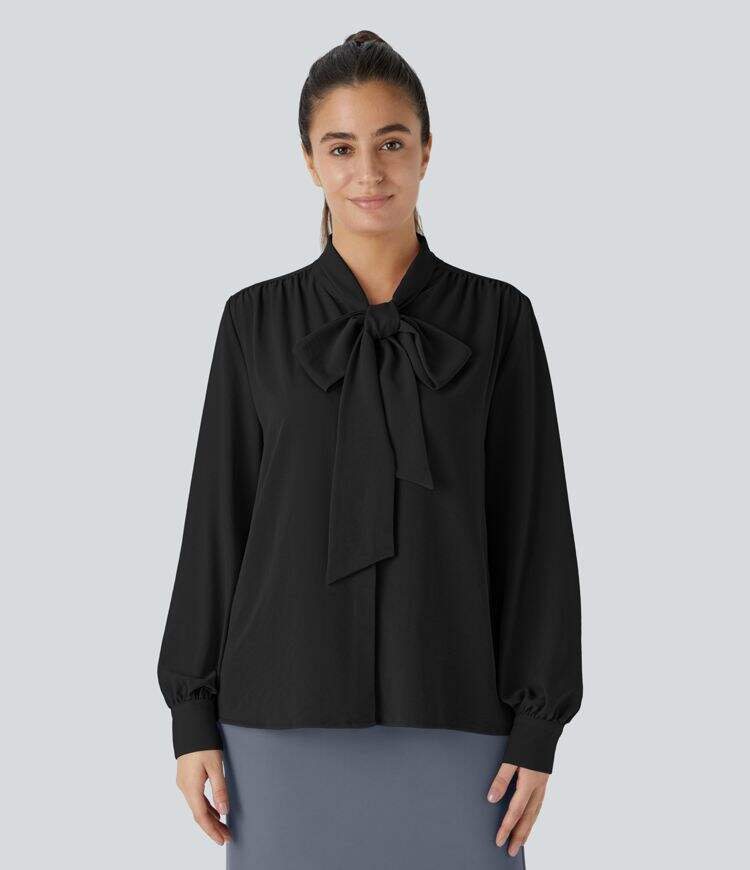Tie Neck Plicated Long Sleeve Button Work Blouse