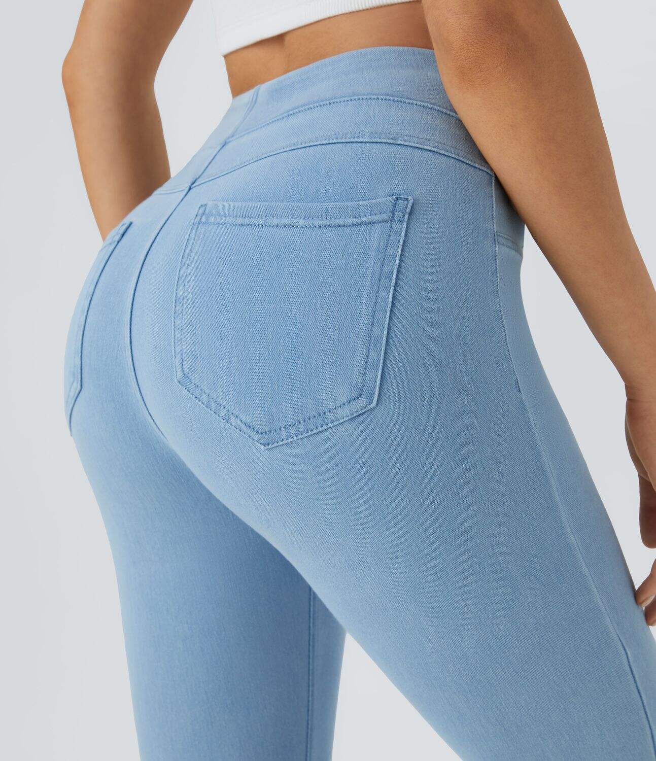 Ha High Waisted Back Side Pocket Stretchy Knit Denim Casual Leggings