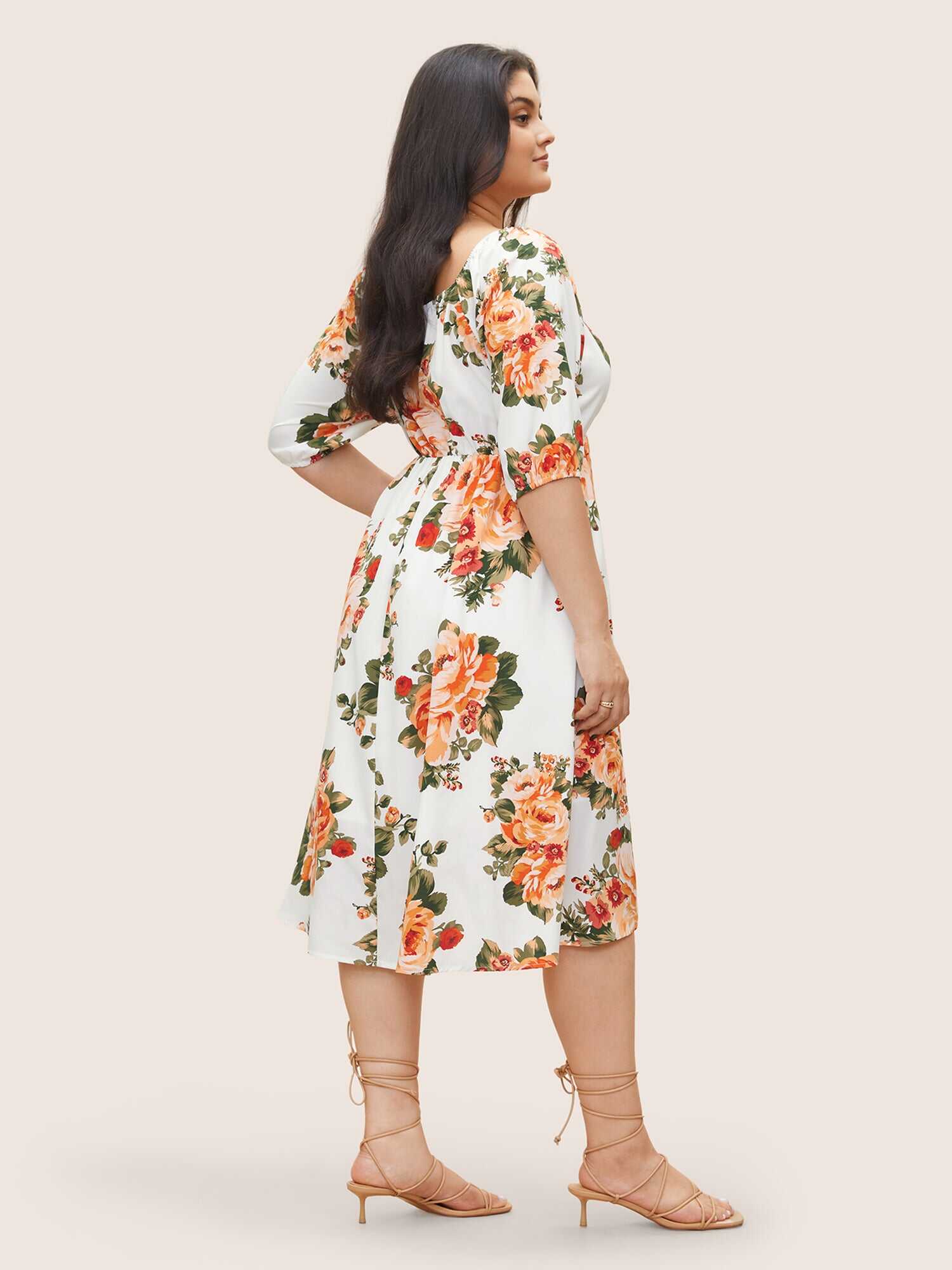 Floral Print Notched Elastic Cuffs Dress
