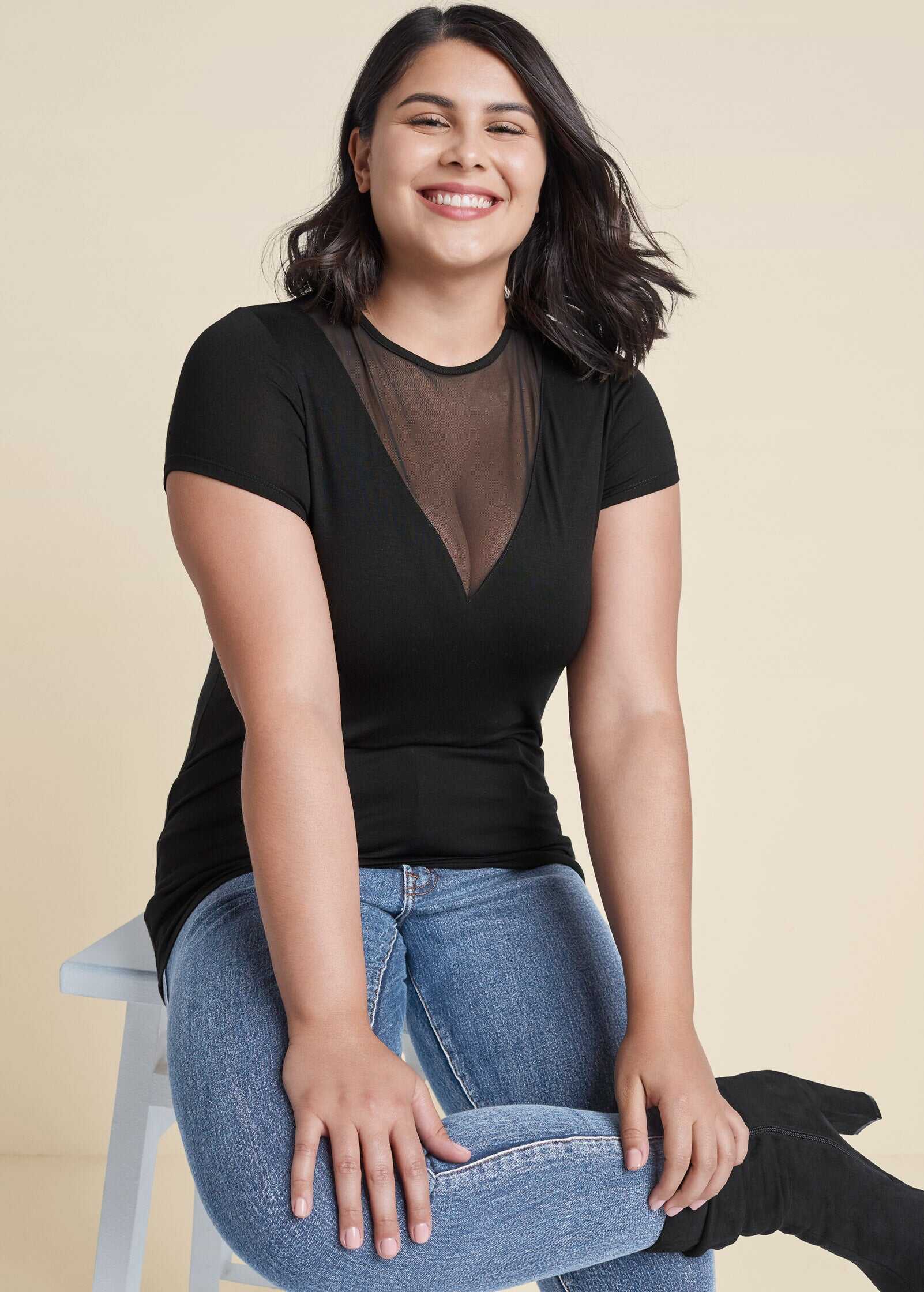Mesh Detail V-Neck Top - Black