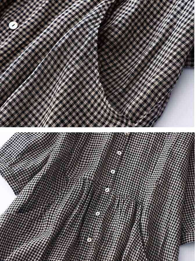 Cotton And Linen Plaid Shirt Collar Dress