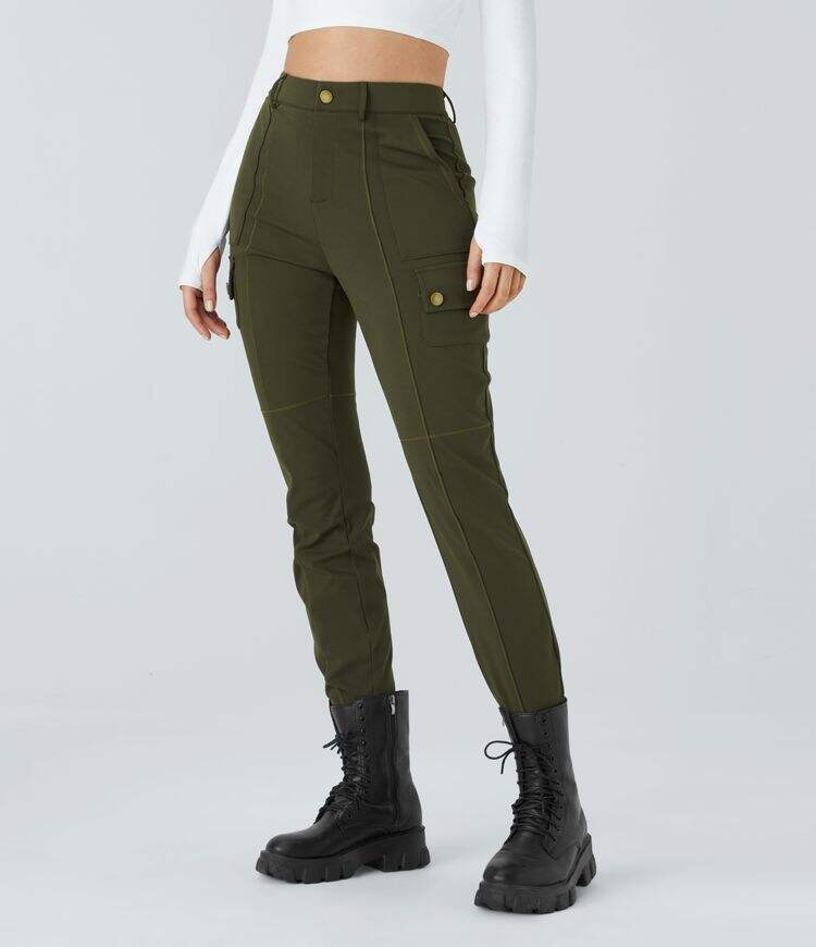 High Waisted Button Zipper Multiple Pockets Solid Skinny Hiking Cargo Pants