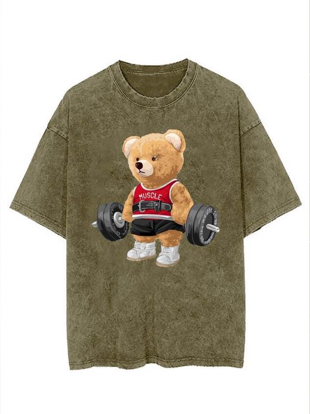 🐻 Fun Cotton Workout Bear Washed Fitness T-Shirt