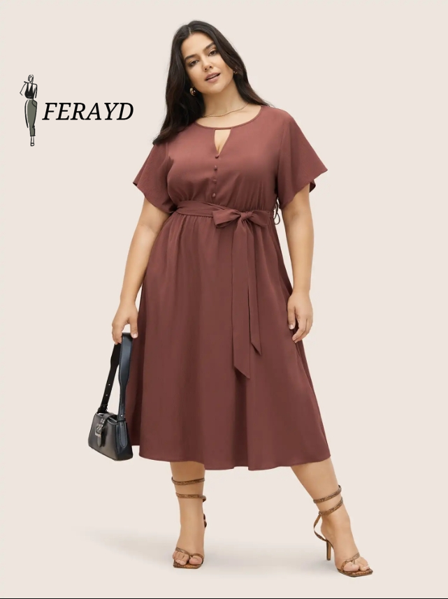 Anti-Wrinkle Keyhole Button Detail Belted Dress