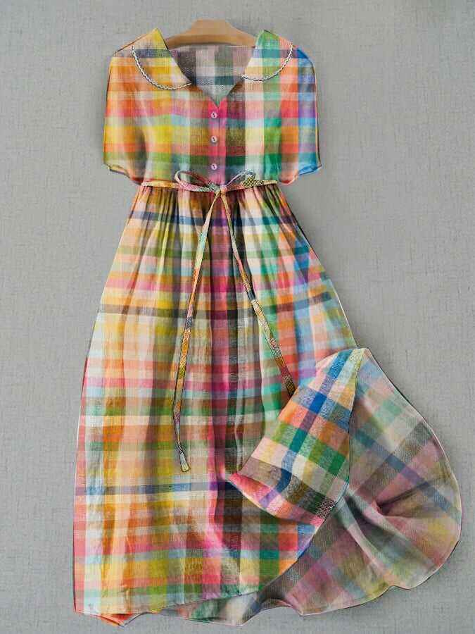Stylish Casual Plaid Tie Dress With Pockets