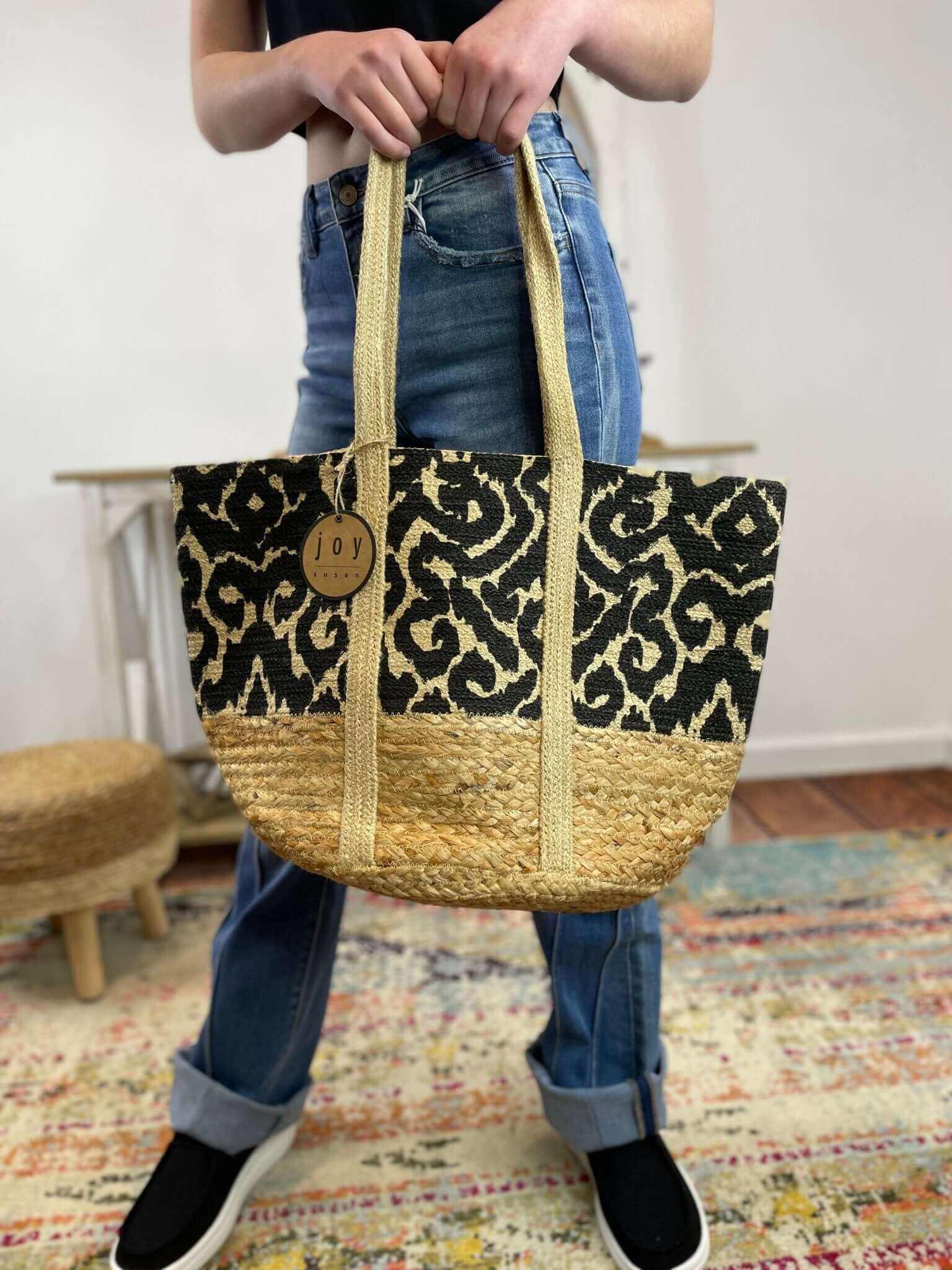 Black Geo Vines Painted June Shopper Jute Tote Bag