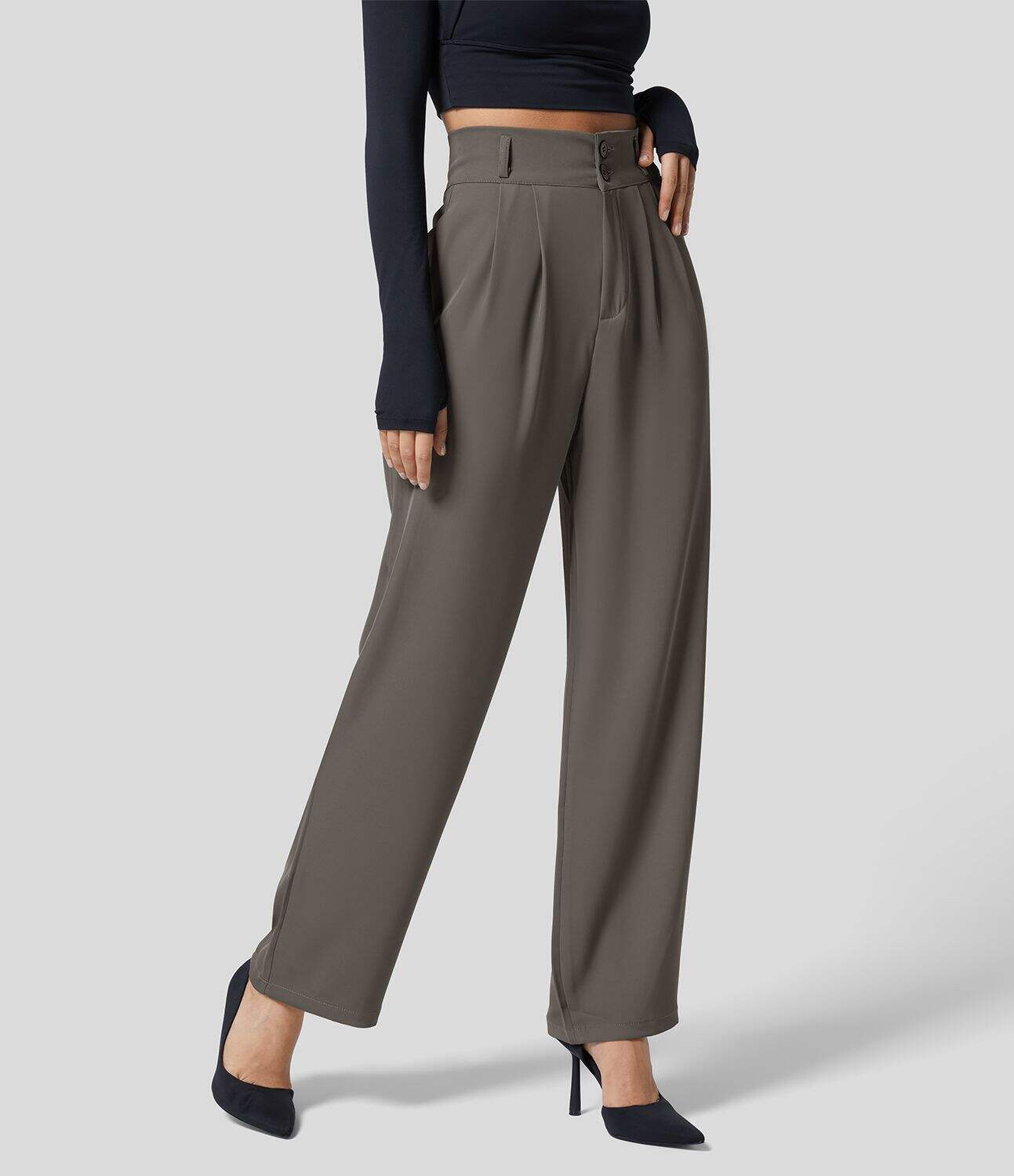 High Waisted Button Zipper Plicated Side Pocket Shirred Straight Leg Work Pants