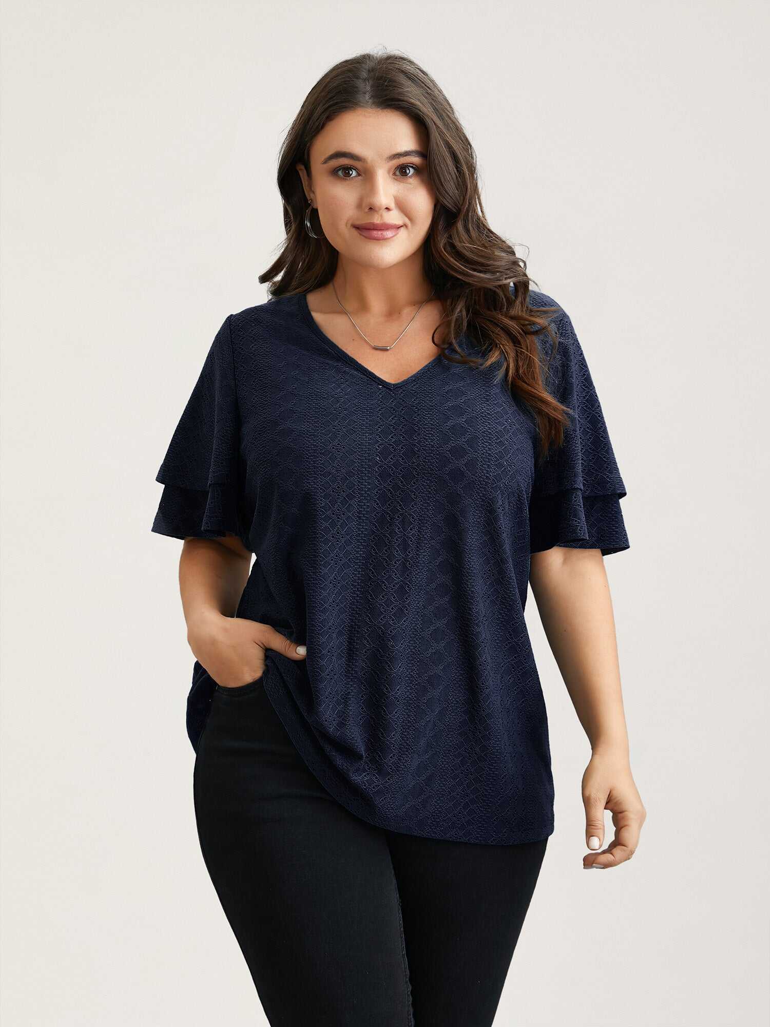 Jacquard Textured Lotus Leaf Sleeve Top