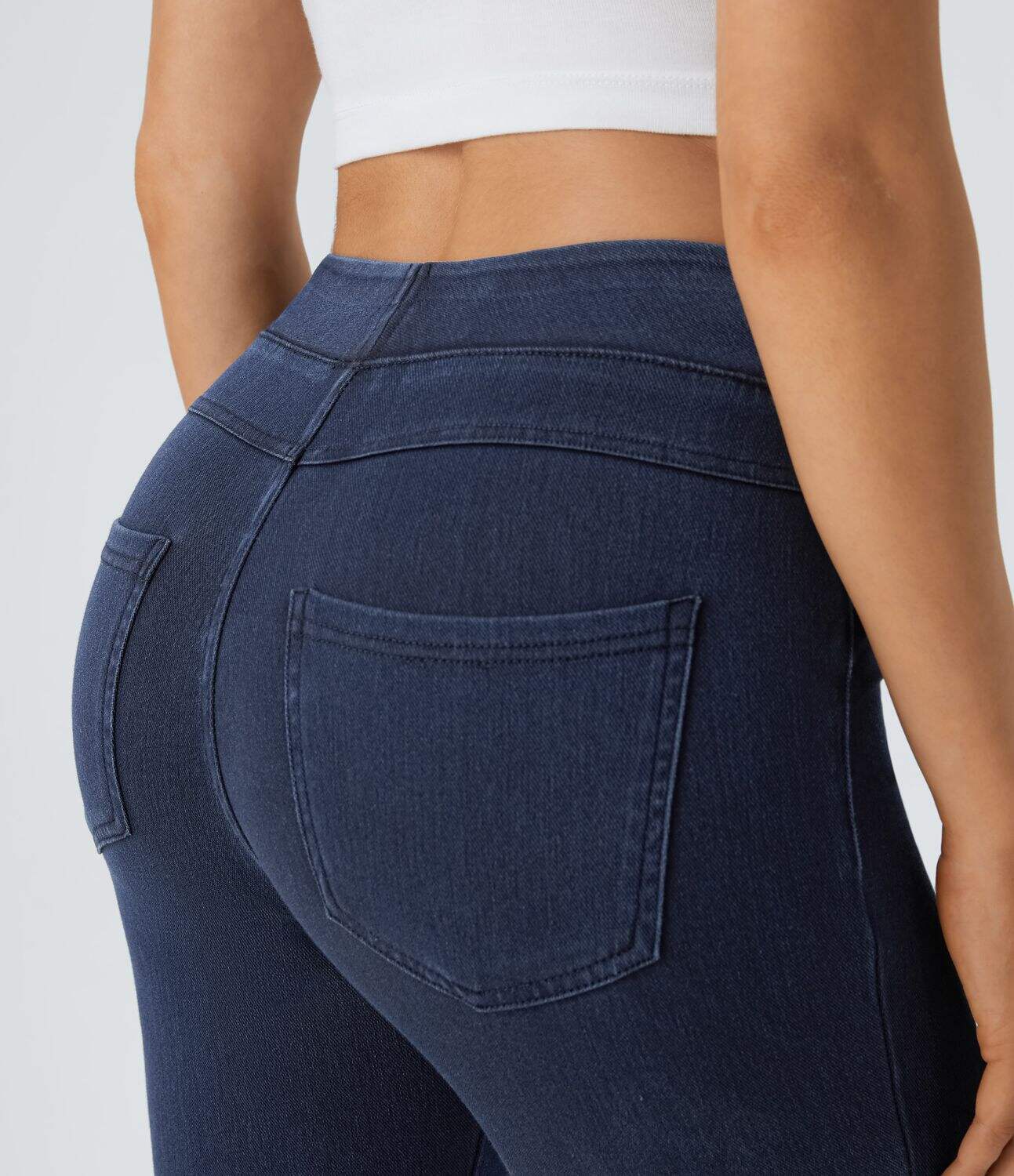 Ha High Waisted Back Side Pocket Stretchy Knit Denim Casual Leggings