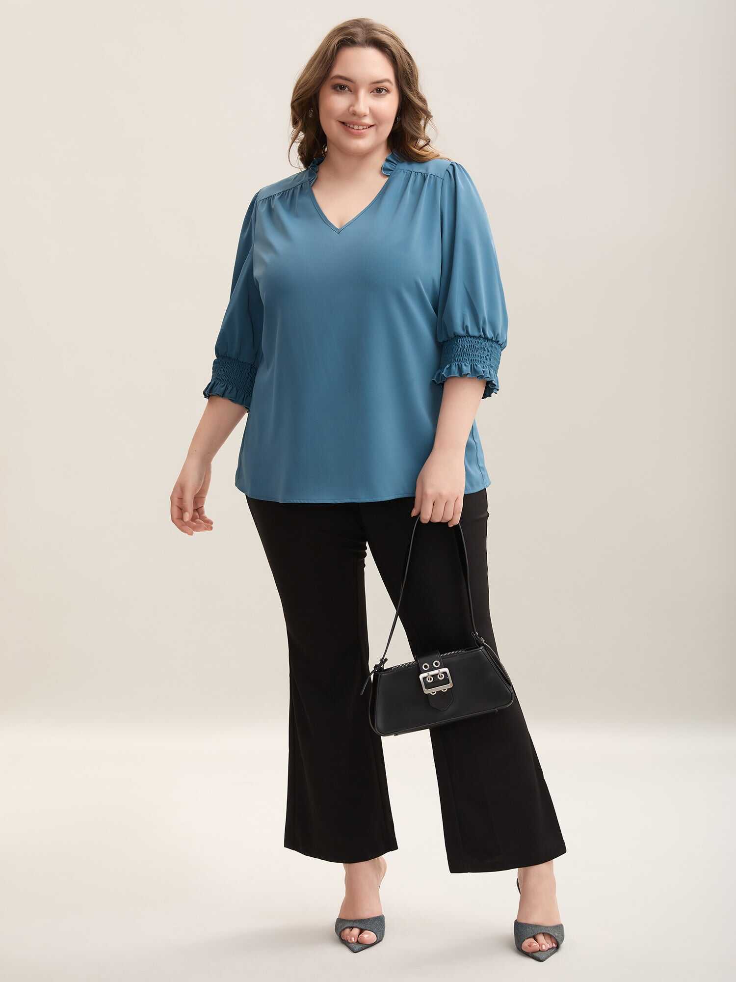Shirred Sleeve Collared Plain Blouse