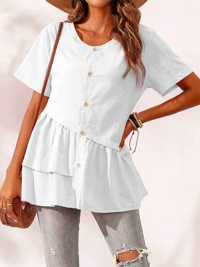 Cotton And Linen Irregular Hem Short-sleeved Casual Top