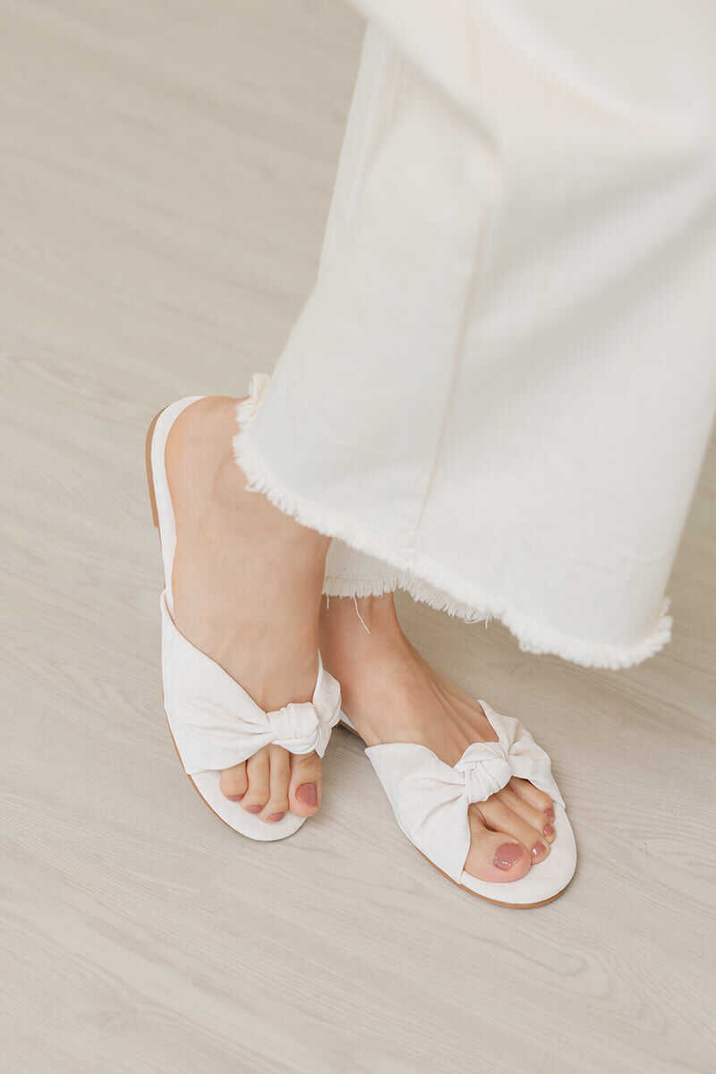 Marisse Knotted Sliders in Waterproof Satin Cream