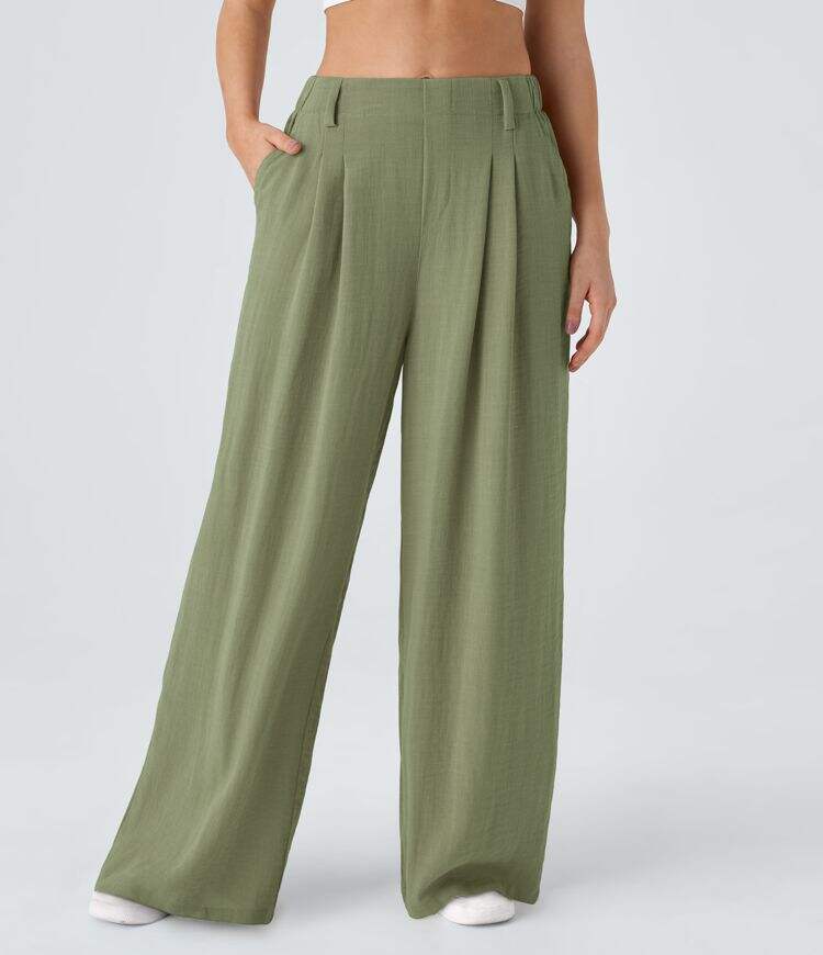 High Waisted Plicated Side Pocket Wide Leg Flowy Solid Palazzo Casual Linen-Feel Pants