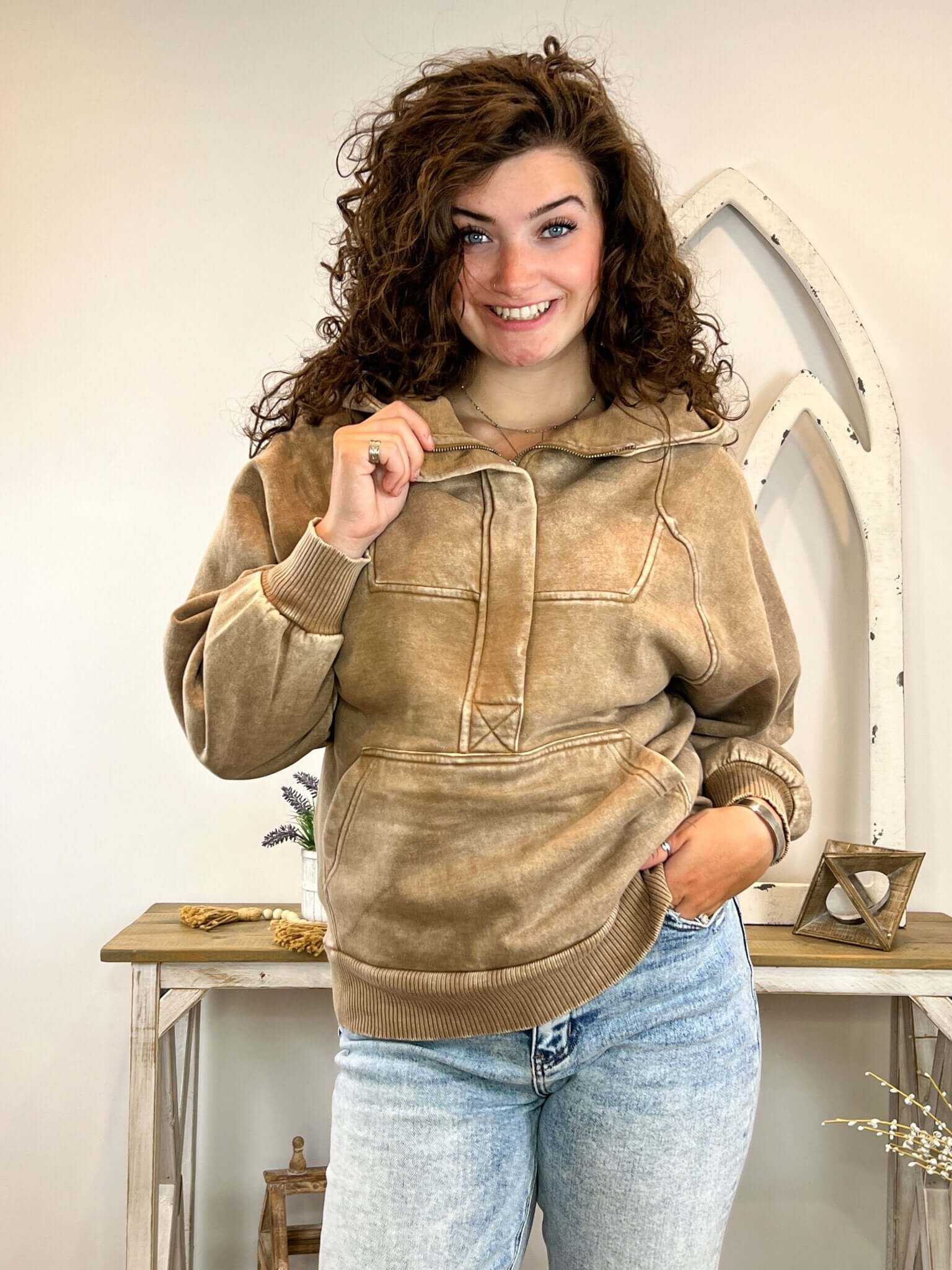 Mocha Acid Wash Quarter Zip Fleece Hoodie Pullover Sweatshirt
