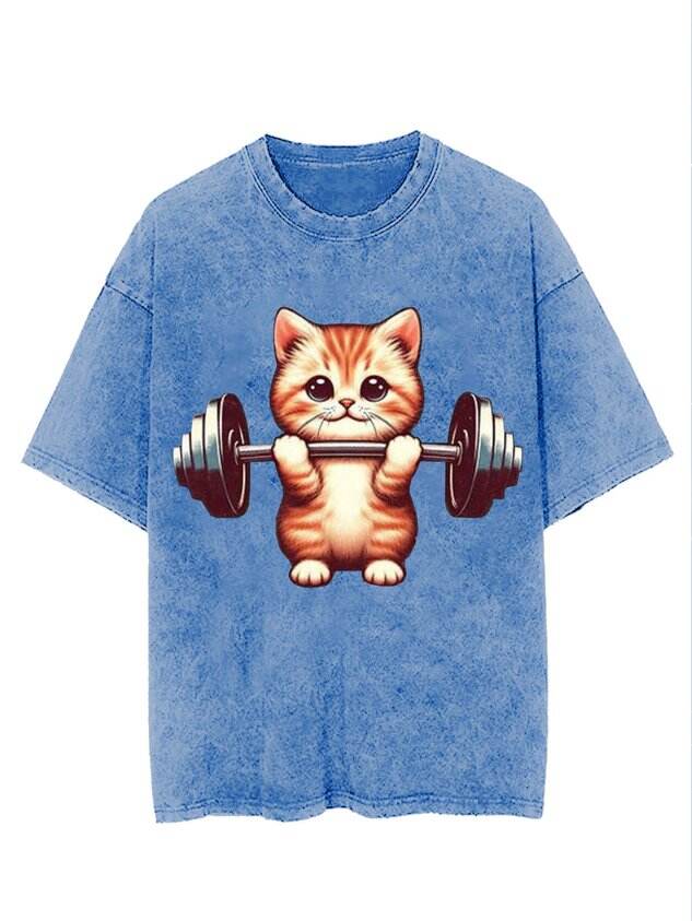 Funny and Cute Weightlifting Cat Print Washed T-Shirt 🐱💪