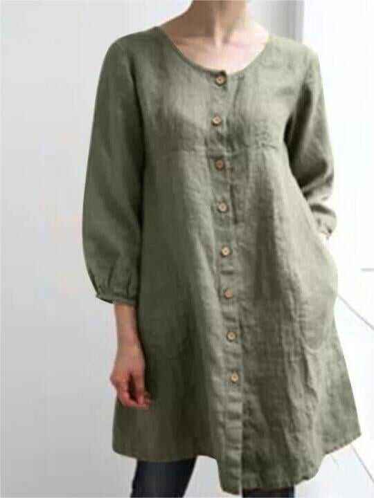 Women's Solid Color Round Neck Button Casual Shirt