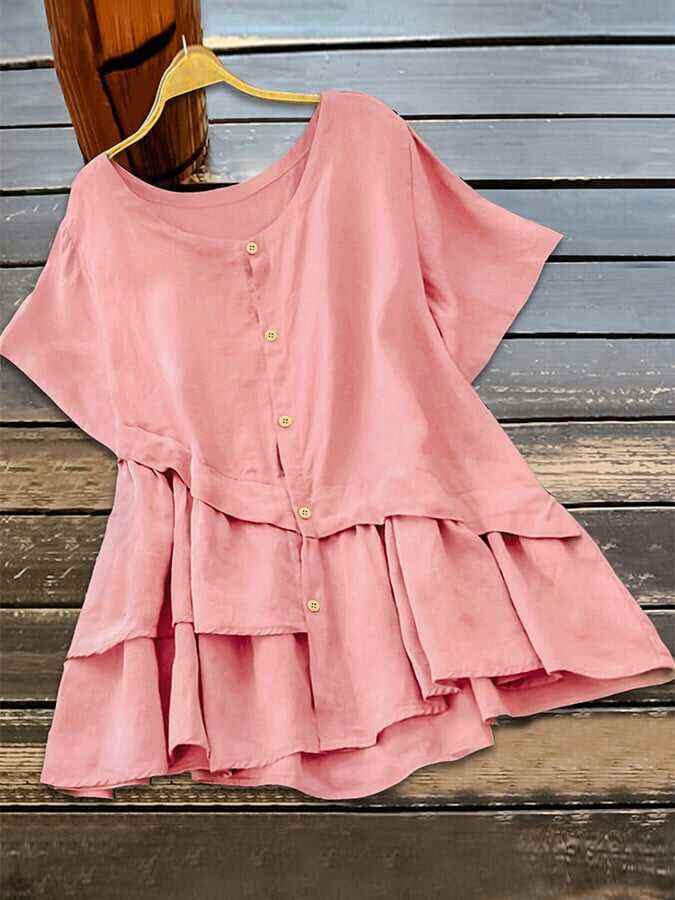 Cotton And Linen Irregular Hem Short-sleeved Casual Top