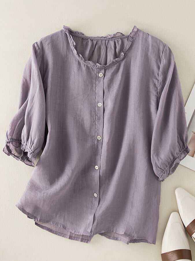 Vintage Art Ruffle Round Neck Casual Shirt