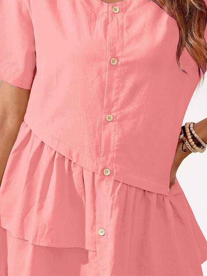 Cotton And Linen Irregular Hem Short-sleeved Casual Top