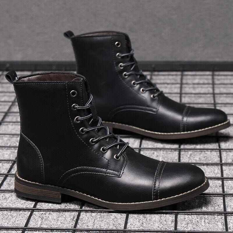 Italian Men's High-top Leather Boots Cap Toe Waterproof Wear-resistant Dress Boots Work Boots