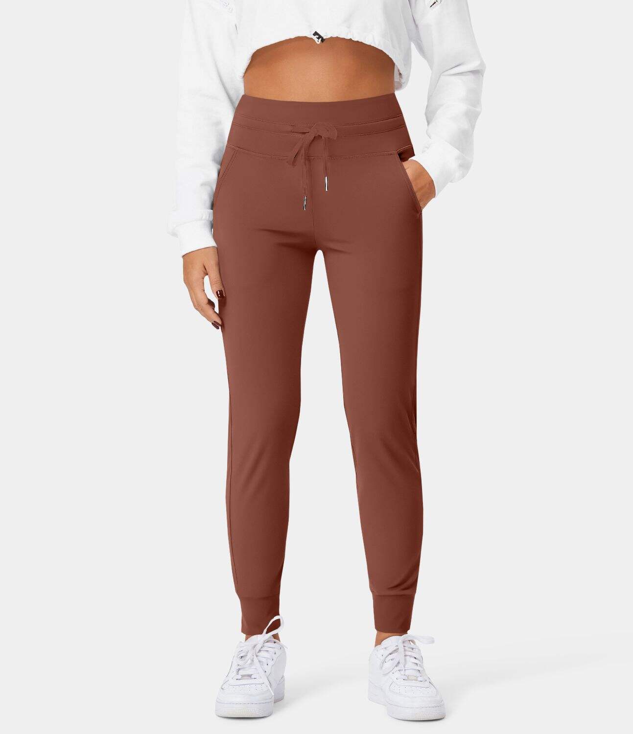 Airy High Waisted Drawstring Side Pocket Plain Cool Touch Full Length Joggers-UPF50+
