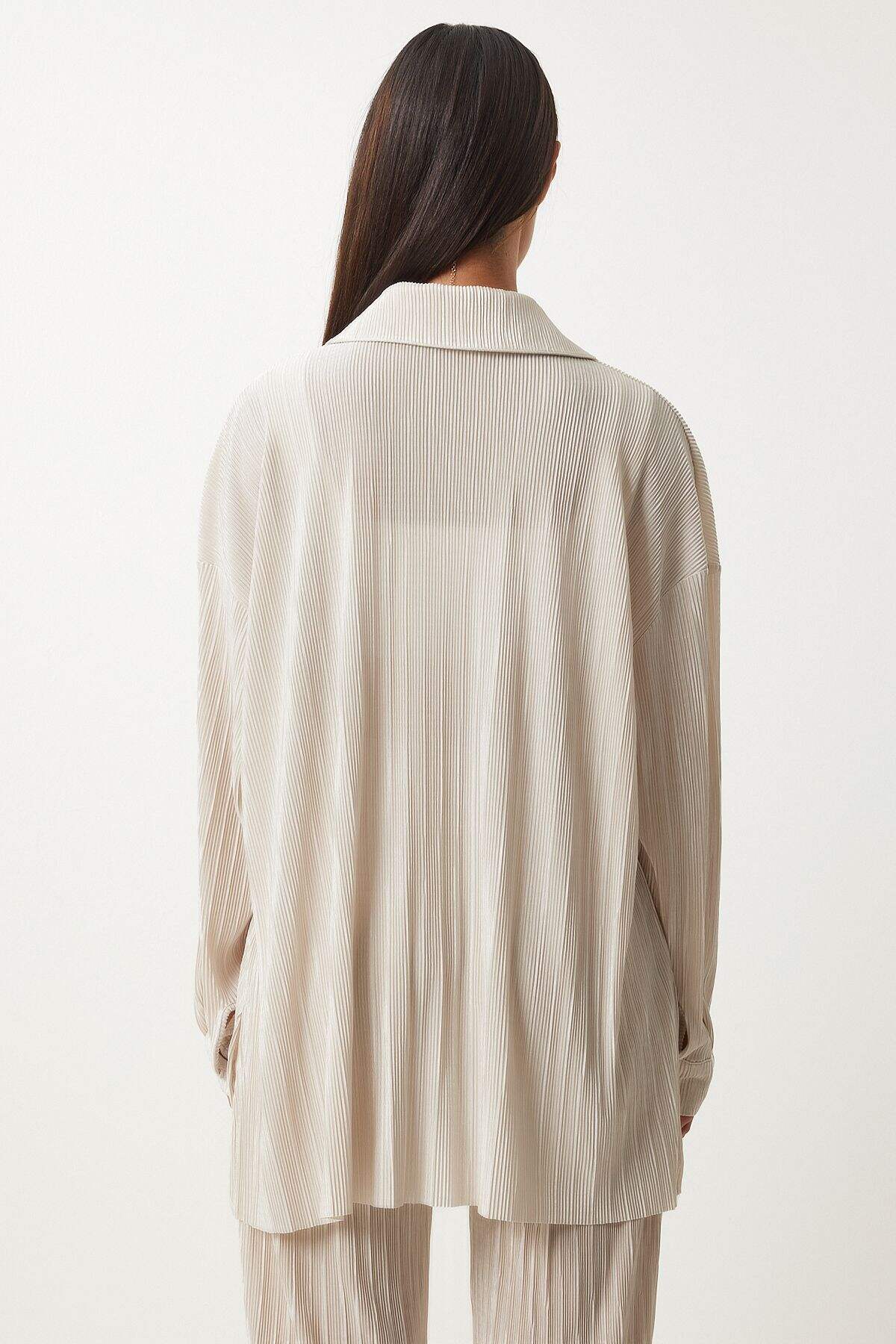 Silkcomo Chic Beige Oversized Button-Up Shirt and Wide-Leg Trousers Set