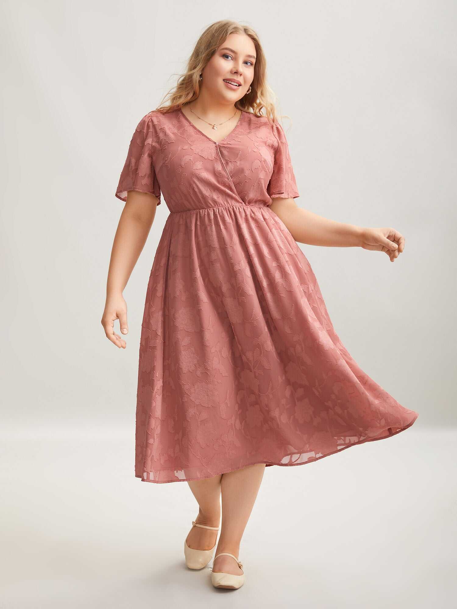 Textured Surplice Neck Flared Sleeve Midi Dress