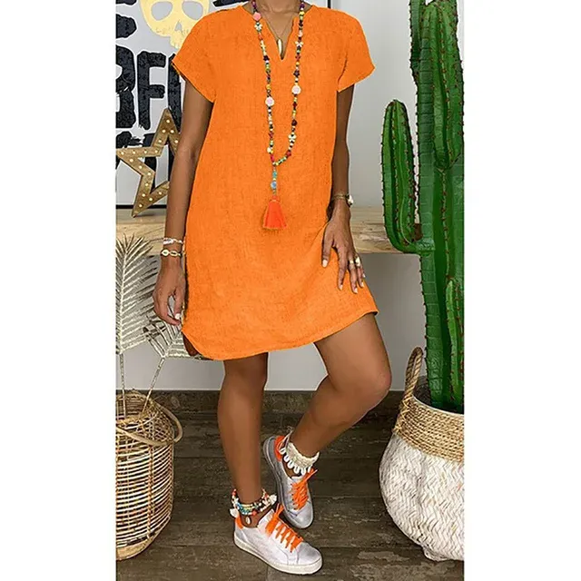 Summer loose solid color short sleeved V-neck cotton linen dress