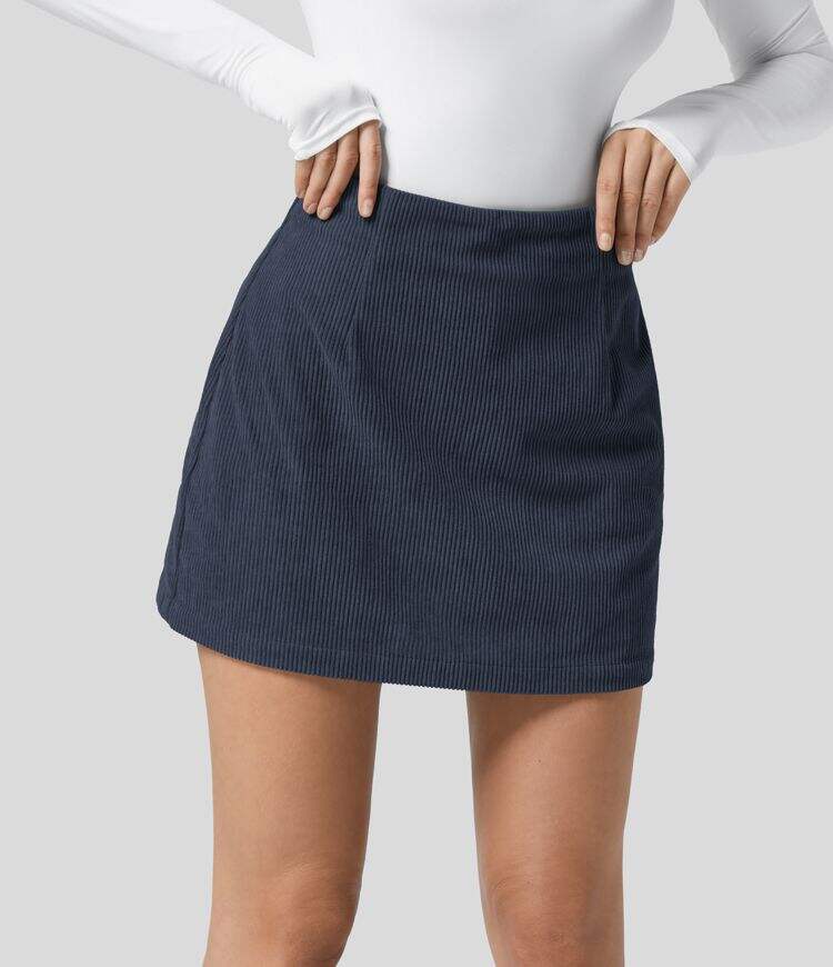 High Waisted Invisible Zipper 2-in-1 A Line Mini Corduroy Casual Skirt