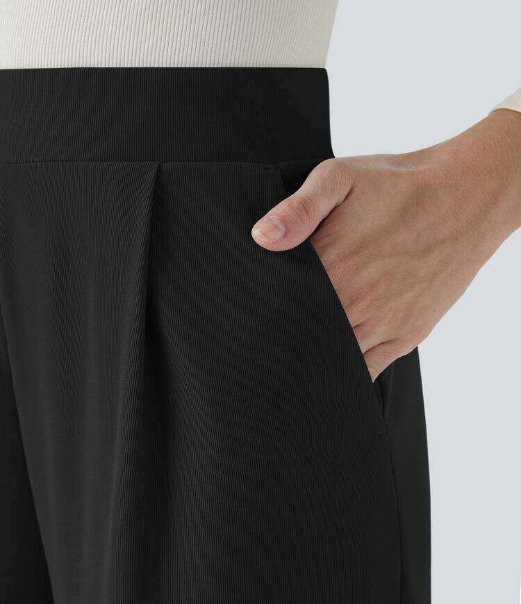 Ha High Waisted Body Sculpt Waist-Slimming Side Pocket Wide Leg Micro Waffle Work Pants